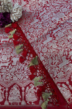 Stunning Red Banarasi Silk Shikargah & Flower Design Dupatta - Elegant and Luxurious - Luxurion World- Crafted Heirlooms