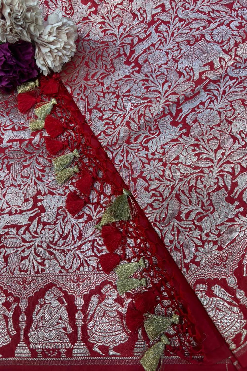 Stunning Red Banarasi Silk Shikargah & Flower Design Dupatta - Elegant and Luxurious - Luxurion World- Crafted Heirlooms