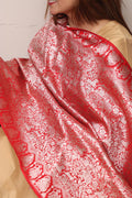 Stunning Red Banarasi Silk Shikargah & Flower Design Dupatta - Elegant and Luxurious - Luxurion World- Crafted Heirlooms