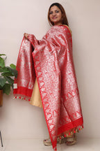 Stunning Red Banarasi Silk Shikargah & Flower Design Dupatta - Elegant and Luxurious - Luxurion World- Crafted Heirlooms