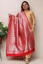 Stunning Red Banarasi Silk Shikargah & Flower Design Dupatta - Elegant and Luxurious - Luxurion World- Crafted Heirlooms