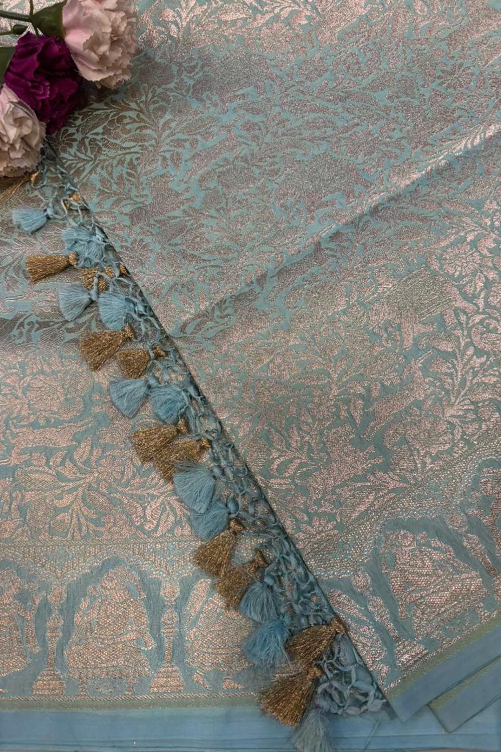 Light Blue Banarasi Silk Shikargah & Flower Design Dupatta - Luxurion World- Crafted Heirlooms