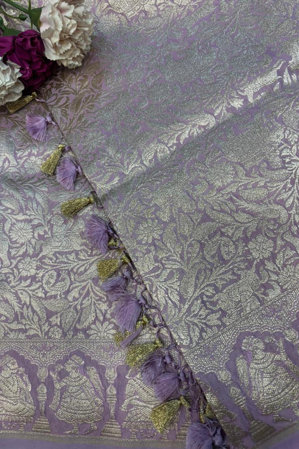 Stunning Purple Banarasi Silk Shikargah & Flower Design Dupatta - Luxurion World- Crafted Heirlooms