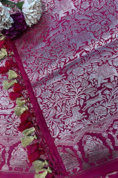 Elegant Pink Banarasi Silk Shikargah & Flower Design Dupatta - Luxurion World- Crafted Heirlooms
