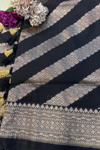 Elegant Black Banarasi Silk Stripe Design Dupatta - Luxurion World- Crafted Heirlooms