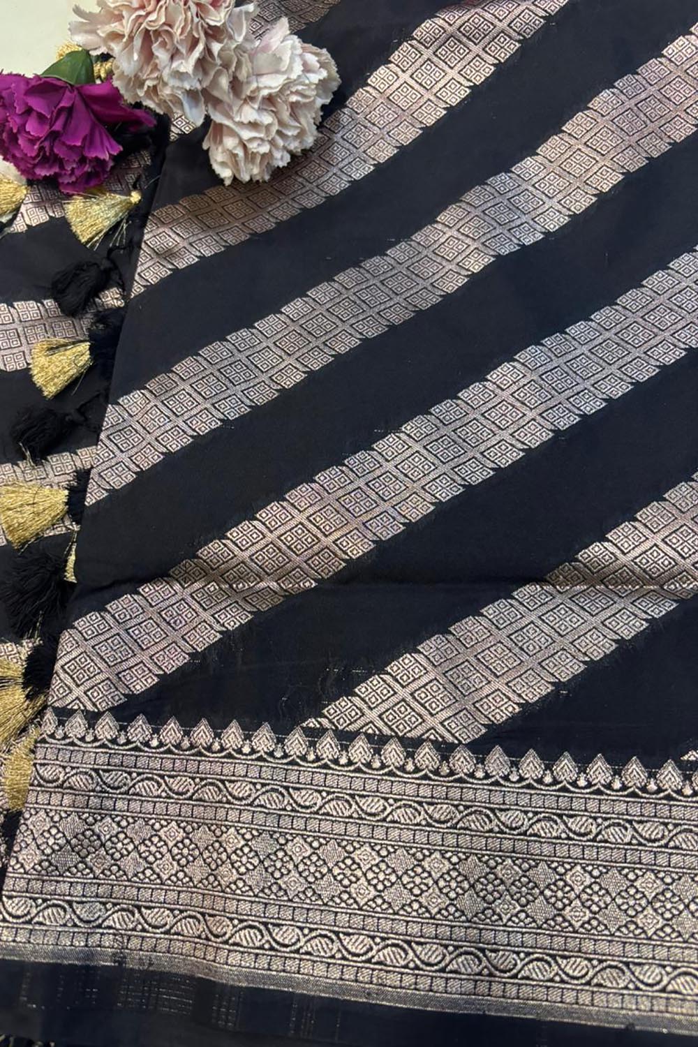 Elegant Black Banarasi Silk Stripe Design Dupatta - Luxurion World- Crafted Heirlooms