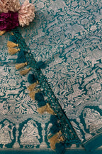 Teal Blue Banarasi Silk Shikargah & Flower Design Dupatta - Luxurion World- Crafted Heirlooms