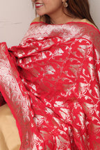 Stunning Red Banarasi Silk Dupatta - Luxurion World- Crafted Heirlooms