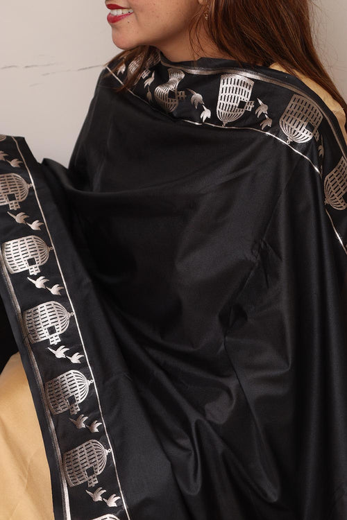 Elegant Black Banarasi Silk Dupatta - Luxurion World- Crafted Heirlooms