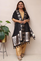 Elegant Black Banarasi Silk Dupatta - Luxurion World- Crafted Heirlooms
