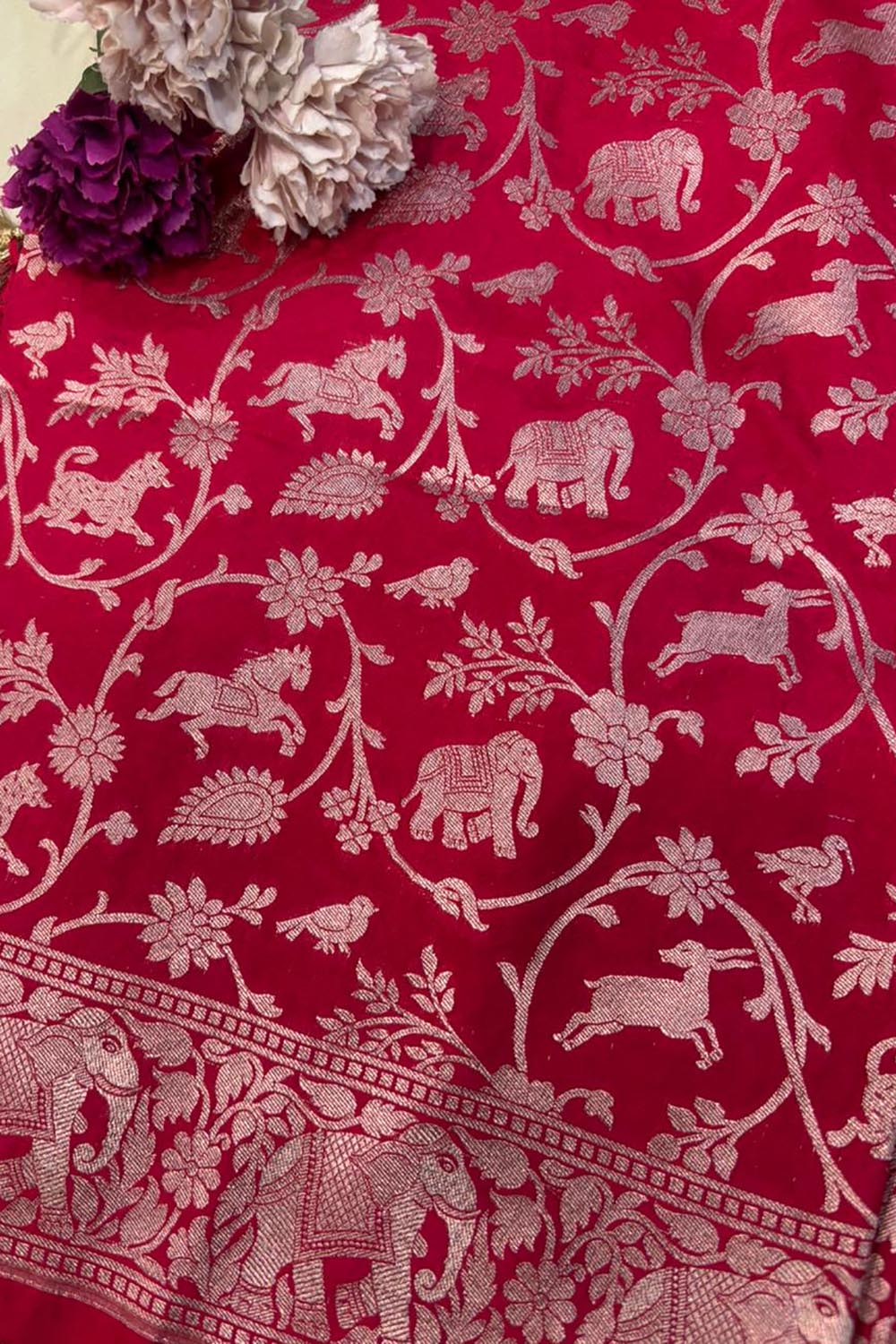 Red Banarasi Silk Dupatta - Luxurion World