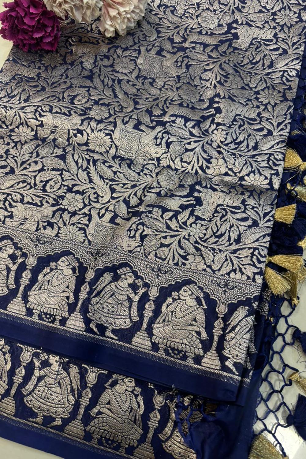 Elegant Blue Banarasi Silk Dupatta - Luxurion World- Crafted Heirlooms