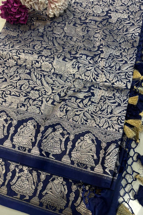 Elegant Blue Banarasi Silk Dupatta - Luxurion World- Crafted Heirlooms