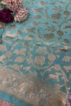 Elegant Blue Banarasi Silk Dupatta - Luxurion World- Crafted Heirlooms