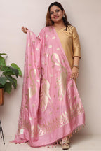 Beautiful Pink Banarasi Silk Bird Design Dupatta - Luxurion World- Crafted Heirlooms