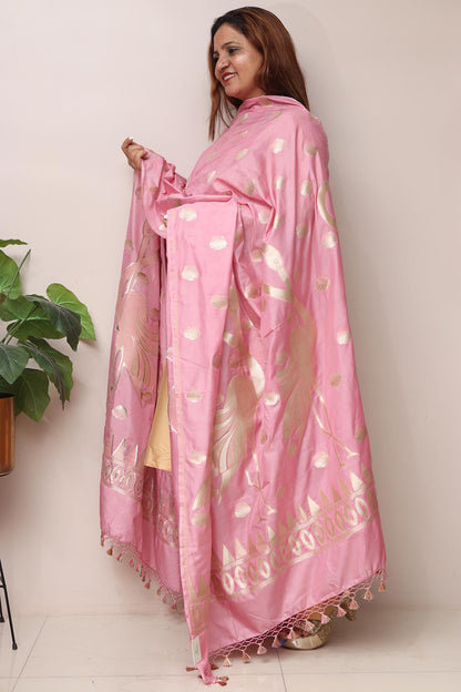 Beautiful Pink Banarasi Silk Bird Design Dupatta - Luxurion World