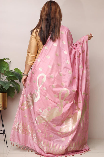 Beautiful Pink Banarasi Silk Bird Design Dupatta - Luxurion World