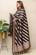 Elegant Black Banarasi Silk Stripe Design Dupatta - Luxurion World- Crafted Heirlooms