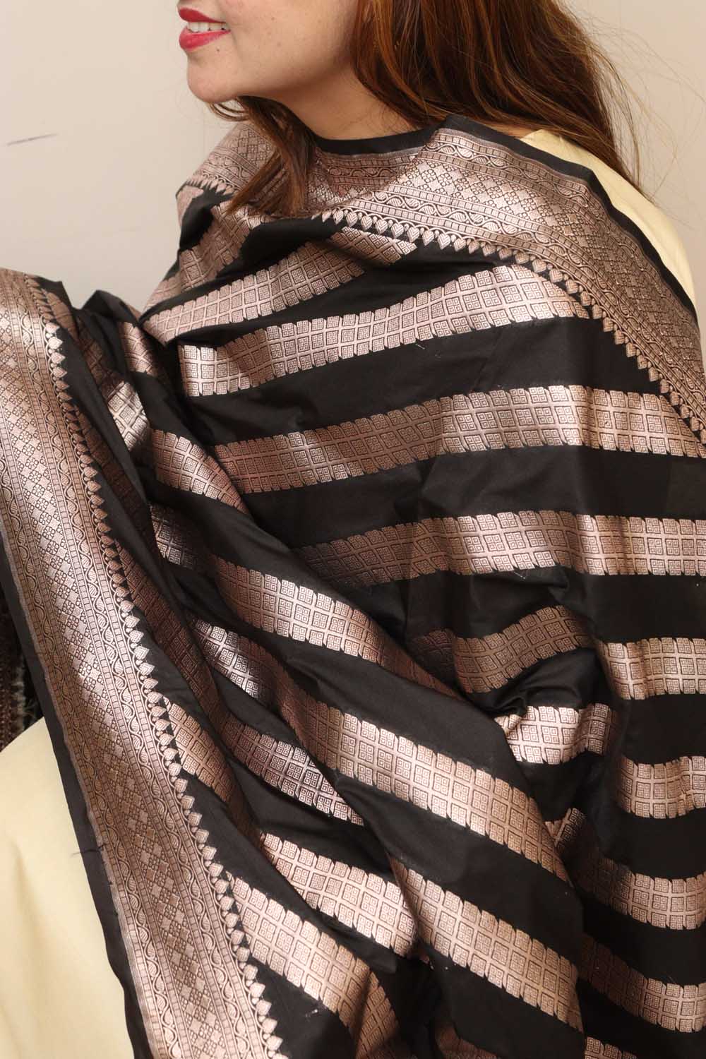 Elegant Black Banarasi Silk Stripe Design Dupatta - Luxurion World- Crafted Heirlooms
