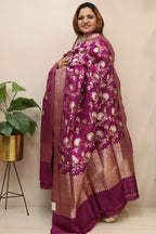 Exquisite Purple Handloom Banarasi Pure Katan Silk Flower Design Sona Roopa Dupatta - Luxurion World