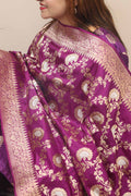 Exquisite Purple Handloom Banarasi Pure Katan Silk Flower Design Sona Roopa Dupatta - Luxurion World