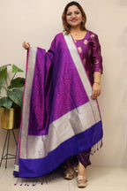 Purple Handloom Banarasi Pure Katan Silk Tanchui Dupatta - Luxurion World