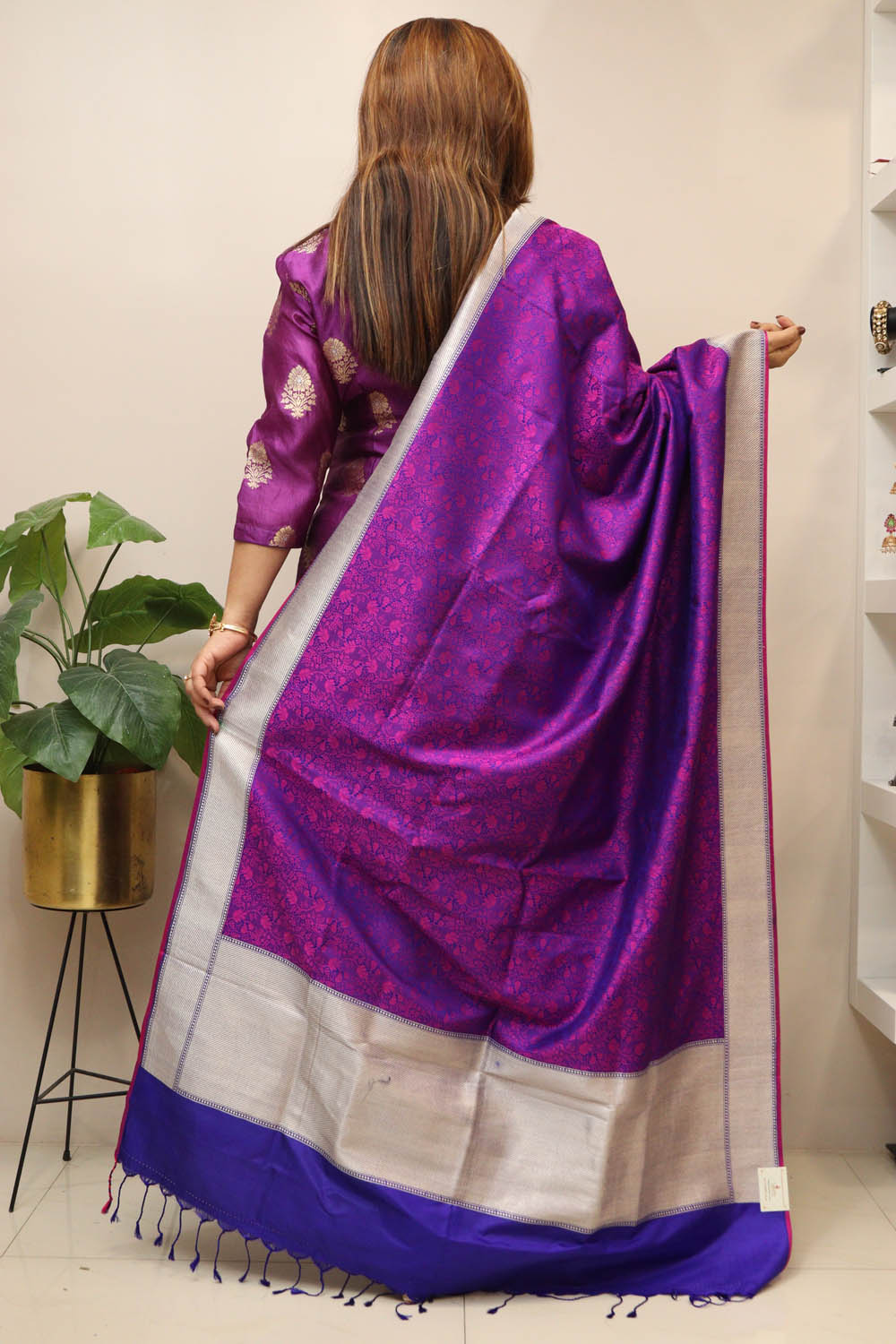 Purple Handloom Banarasi Pure Katan Silk Tanchui Dupatta - Luxurion World
