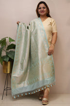 Light Blue Banarasi Silk Shikargah & Flower Design Dupatta - Luxurion World- Crafted Heirlooms
