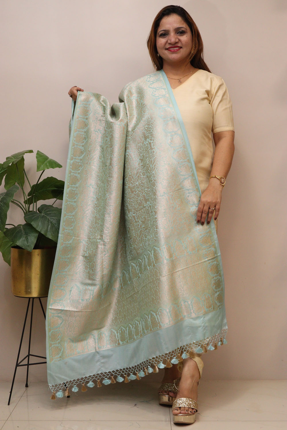 Light Blue Banarasi Silk Shikargah & Flower Design Dupatta - Luxurion World- Crafted Heirlooms