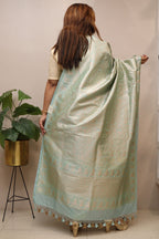 Light Blue Banarasi Silk Shikargah & Flower Design Dupatta - Luxurion World- Crafted Heirlooms