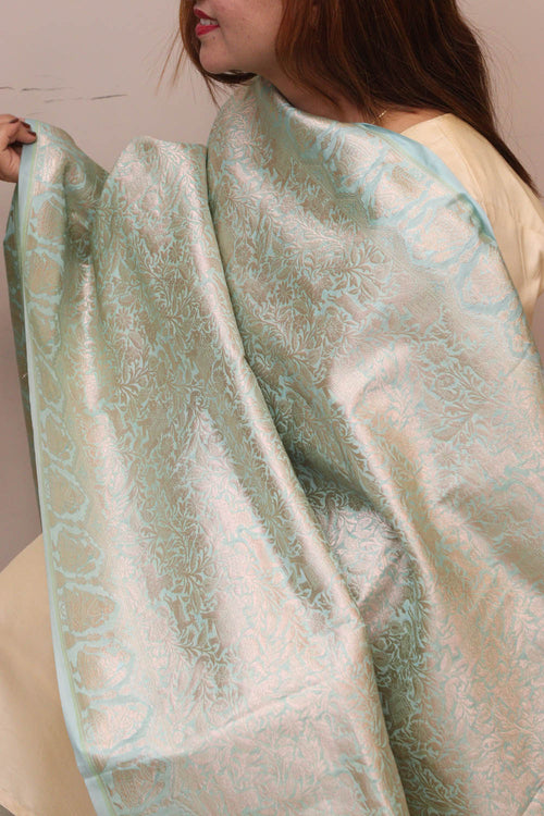 Light Blue Banarasi Silk Shikargah & Flower Design Dupatta - Luxurion World- Crafted Heirlooms
