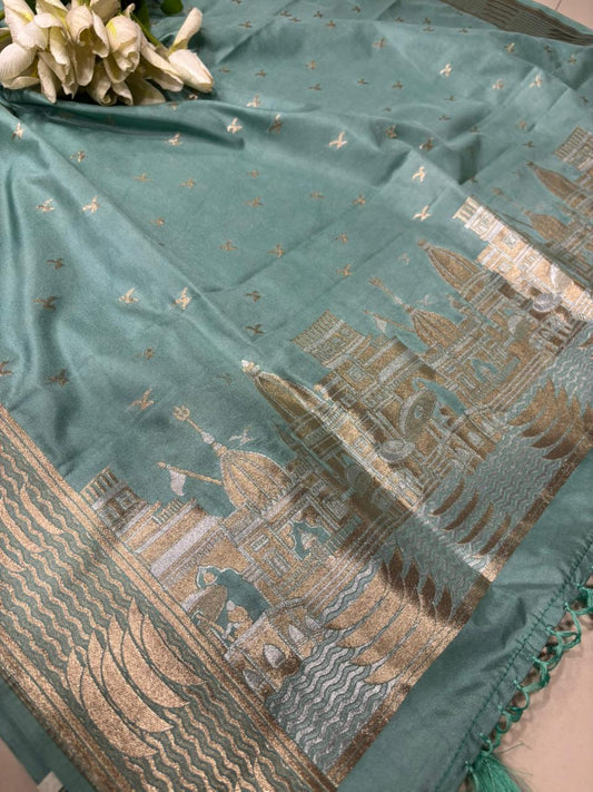 Blue Banarasi Silk Dupatta with Sona Roopa Ghat Design - Luxurion World