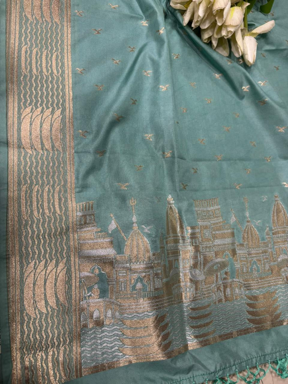 Blue Banarasi Silk Dupatta with Sona Roopa Ghat Design - Luxurion World- Crafted Heirlooms