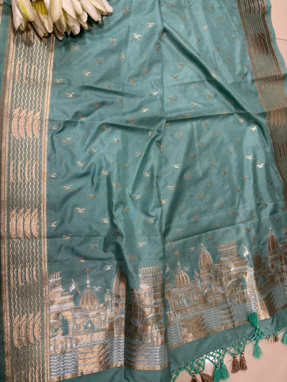 Blue Banarasi Silk Dupatta with Sona Roopa Ghat Design - Luxurion World- Crafted Heirlooms