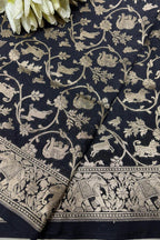 Elegant Black Banarasi Silk Dupatta with Floral Design - Luxurion World- Crafted Heirlooms