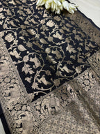 Elegant Black Banarasi Silk Dupatta with Floral Design - Luxurion World- Crafted Heirlooms