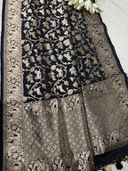 Elegant Black Banarasi Silk Dupatta with Floral Design - Luxurion World- Crafted Heirlooms