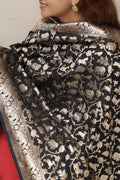 Elegant Black Banarasi Silk Dupatta with Floral Design - Luxurion World- Crafted Heirlooms