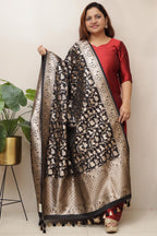 Elegant Black Banarasi Silk Dupatta with Floral Design - Luxurion World- Crafted Heirlooms