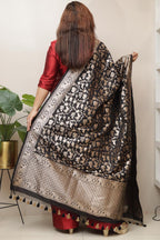 Elegant Black Banarasi Silk Dupatta with Floral Design - Luxurion World- Crafted Heirlooms
