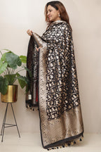 Elegant Black Banarasi Silk Dupatta with Floral Design - Luxurion World- Crafted Heirlooms