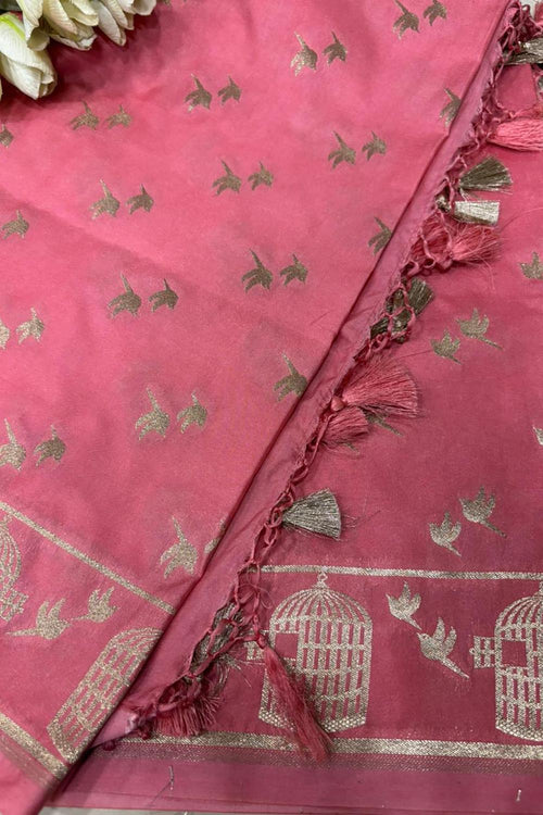 Stunning Pink Banarasi Silk Bird Dupatta - Luxurion World- Crafted Heirlooms