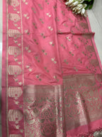 Stunning Pink Banarasi Silk Bird Dupatta - Luxurion World- Crafted Heirlooms