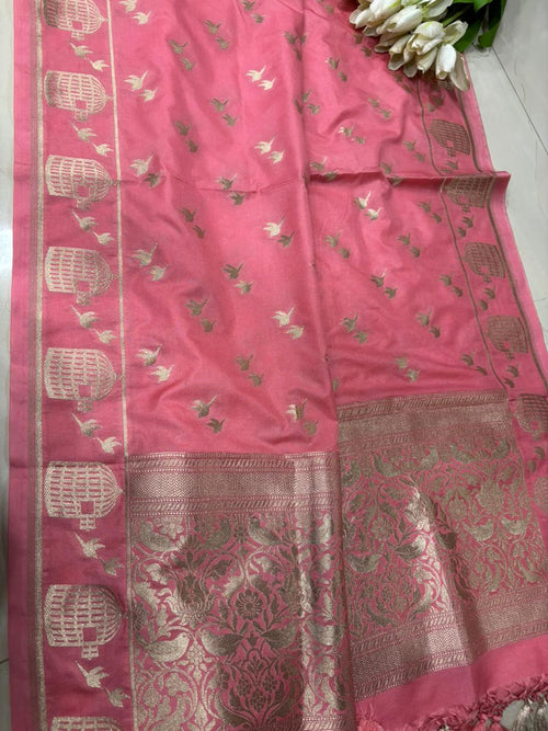 Stunning Pink Banarasi Silk Bird Dupatta - Luxurion World- Crafted Heirlooms