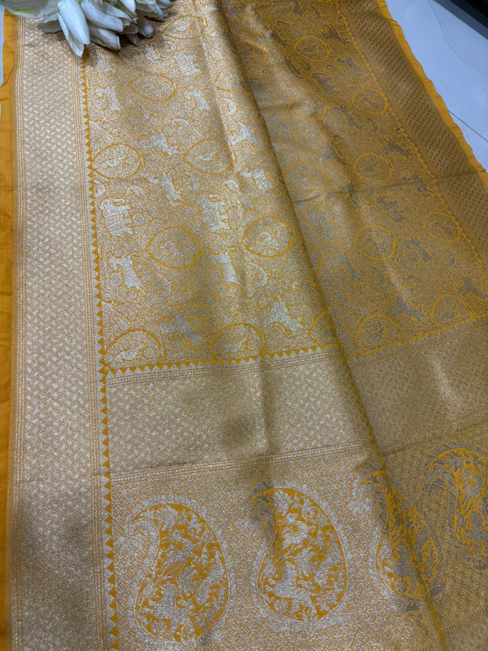 Yellow Banarasi Silk Dupatta with Floral Design - Luxurion World- Crafted Heirlooms