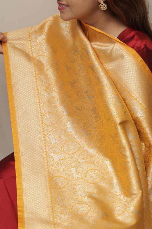 Yellow Banarasi Silk Dupatta with Floral Design - Luxurion World