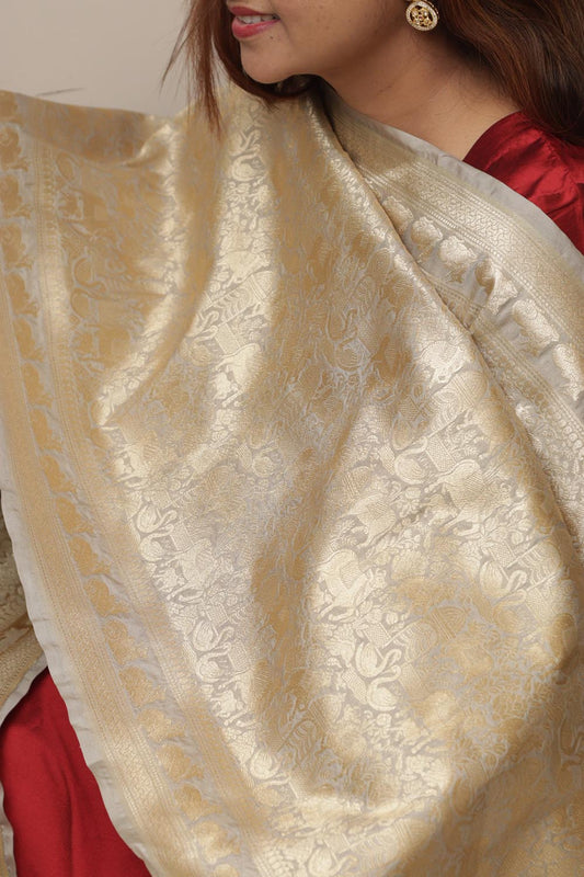 Elegant Grey Banarasi Silk Dupatta with Floral Design - Luxurion World