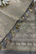 Elegant Grey Banarasi Silk Dupatta with Floral Design - Luxurion World- Crafted Heirlooms
