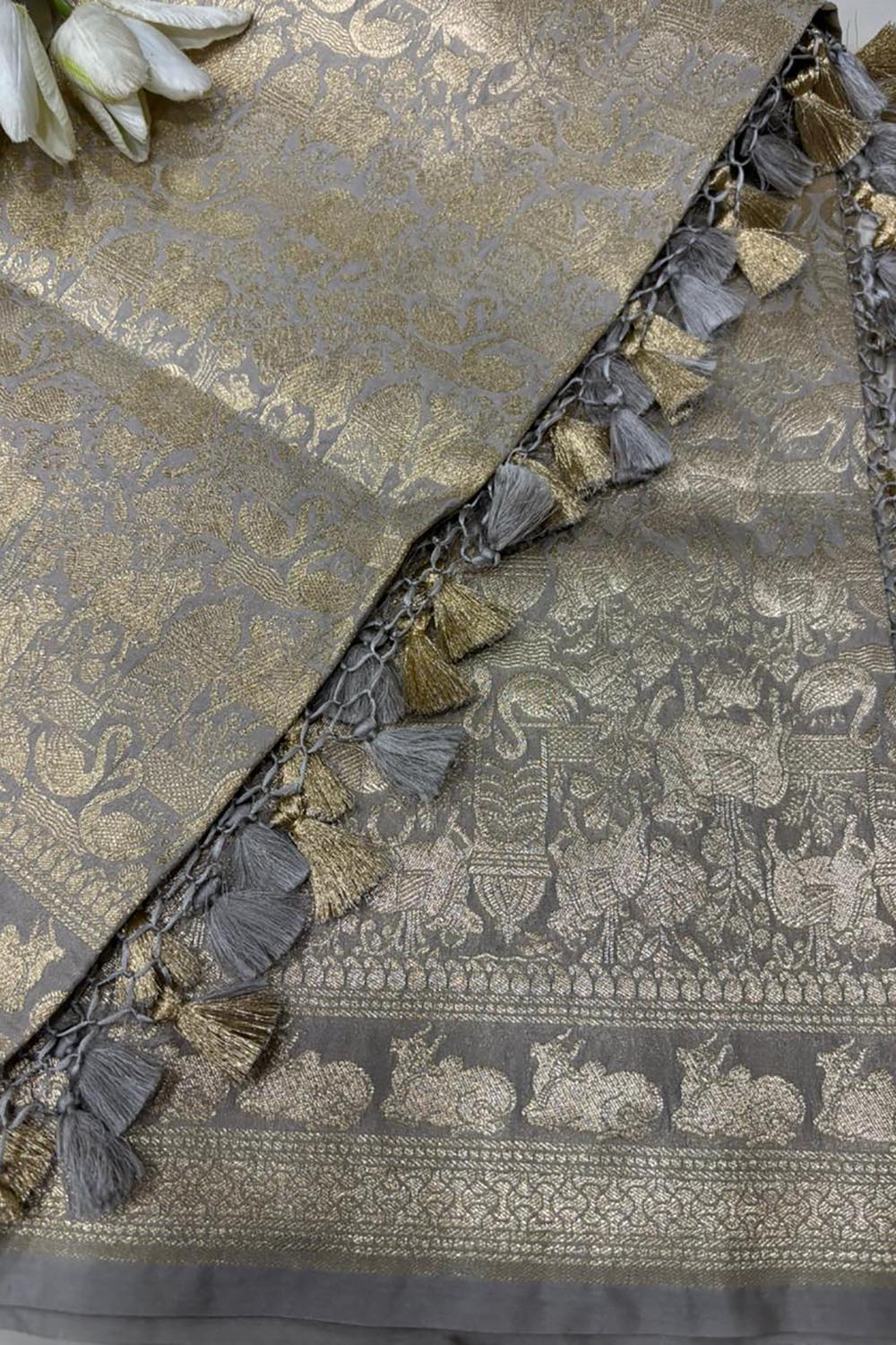 Elegant Grey Banarasi Silk Dupatta with Floral Design - Luxurion World- Crafted Heirlooms