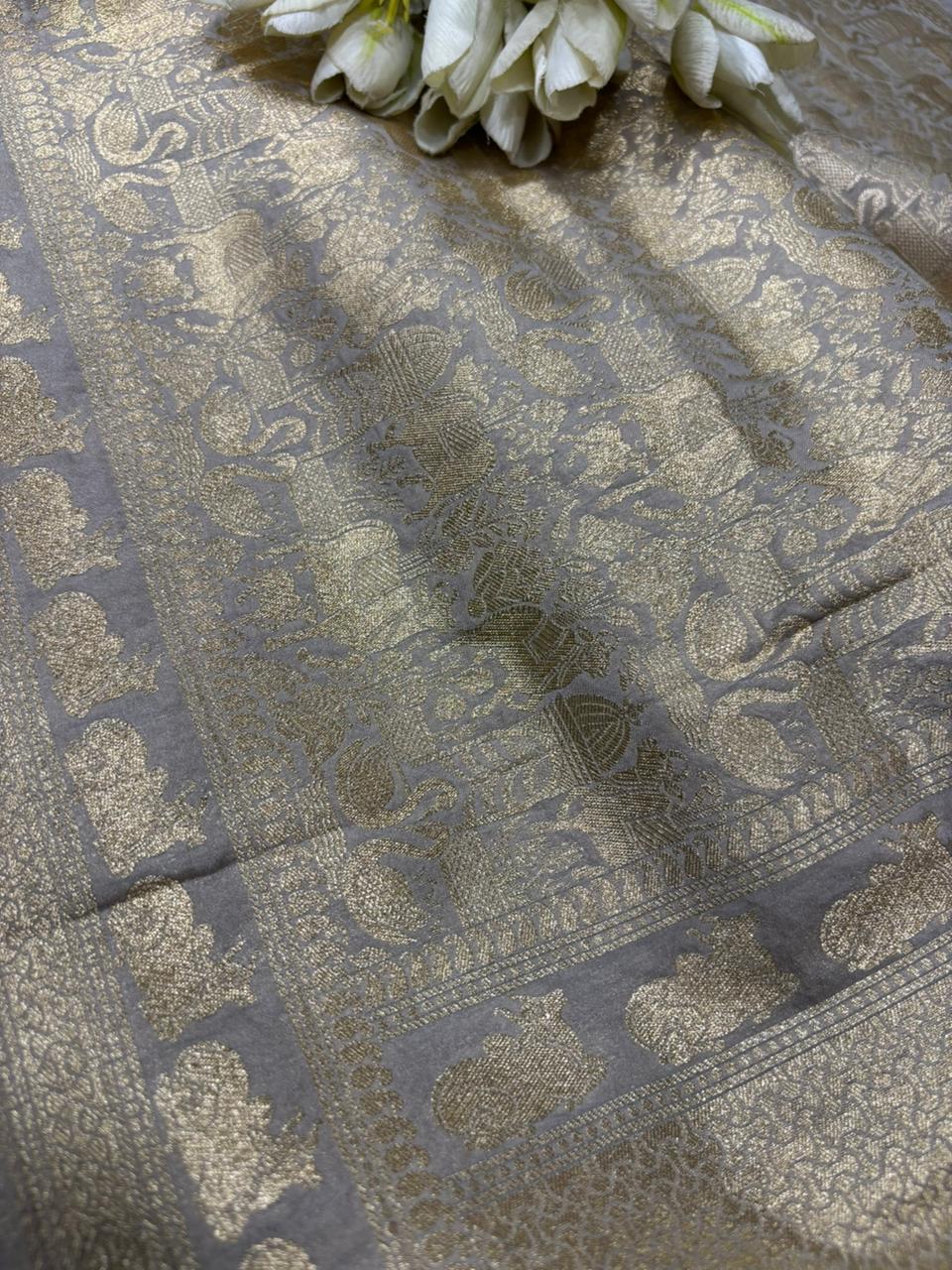 Elegant Grey Banarasi Silk Dupatta with Floral Design - Luxurion World- Crafted Heirlooms